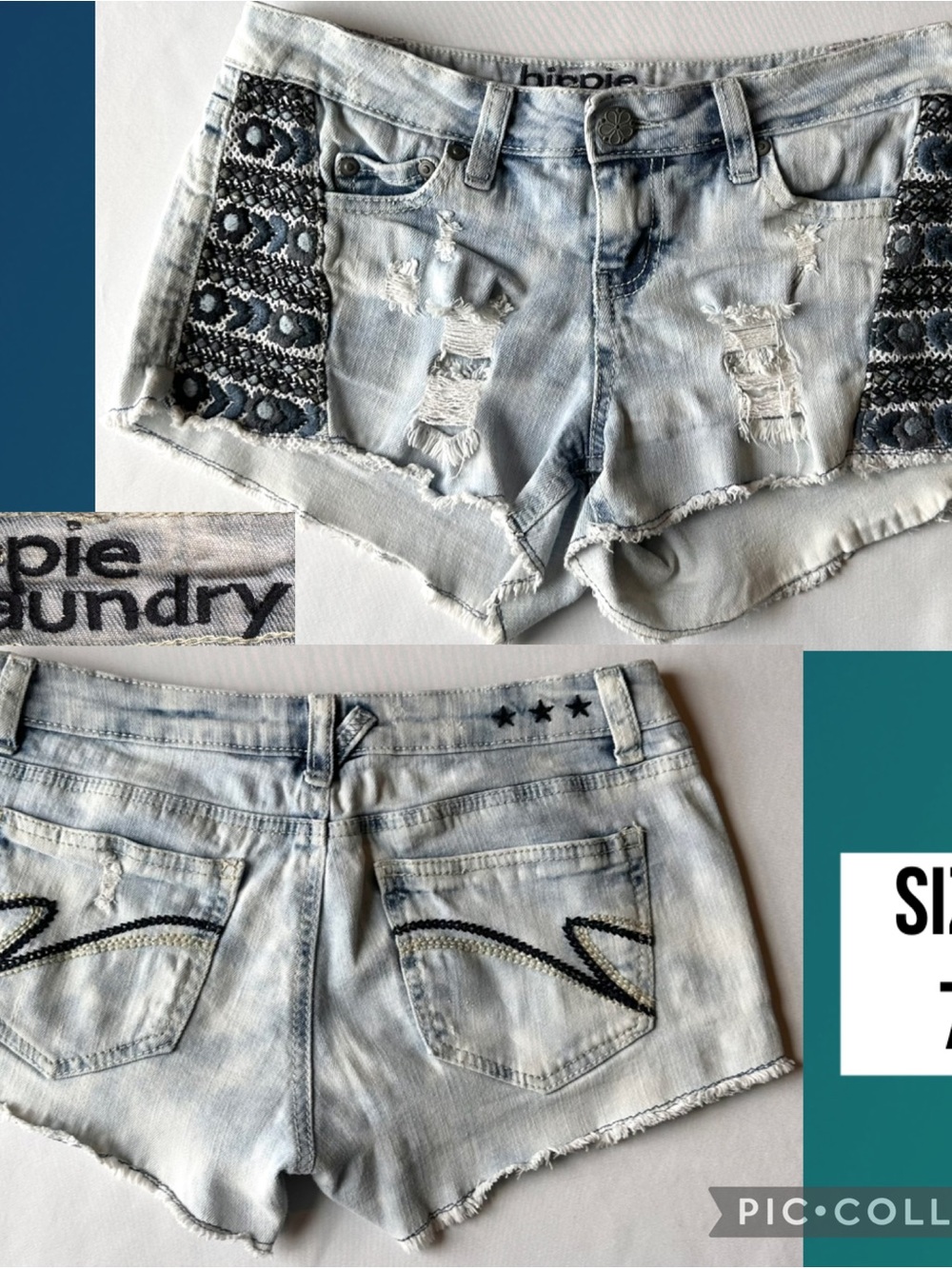 Hippie Laundry Shorts Jean Acid Wash Distressed Embroidered Low Rise 2.5” Inseam